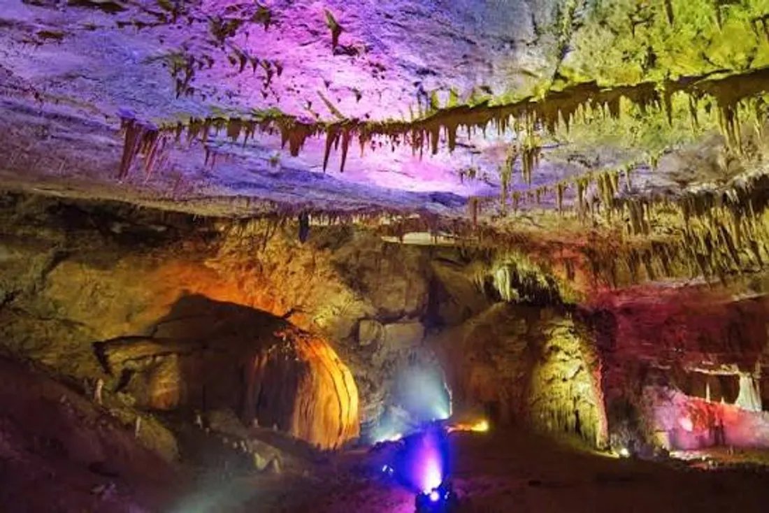 Colored lighting inside the cave