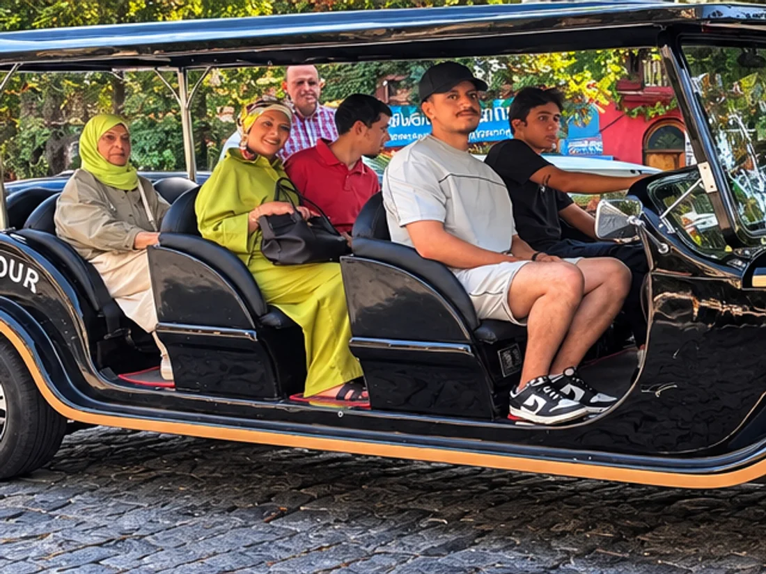 Guests riding through Tbilisi in a Boss Tours retro car
