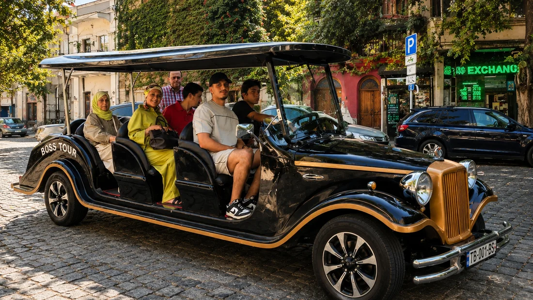 Black Boss Tours retro car with guests on a cobbled street in Tbilisi